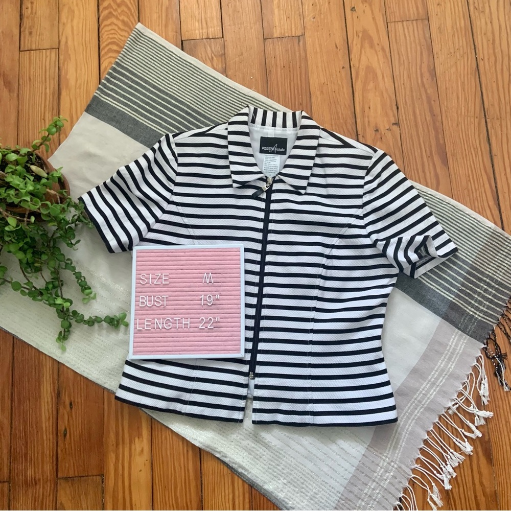 Vintage Y2K Striped Cropped Zip Front Short Sleeve Jacket
